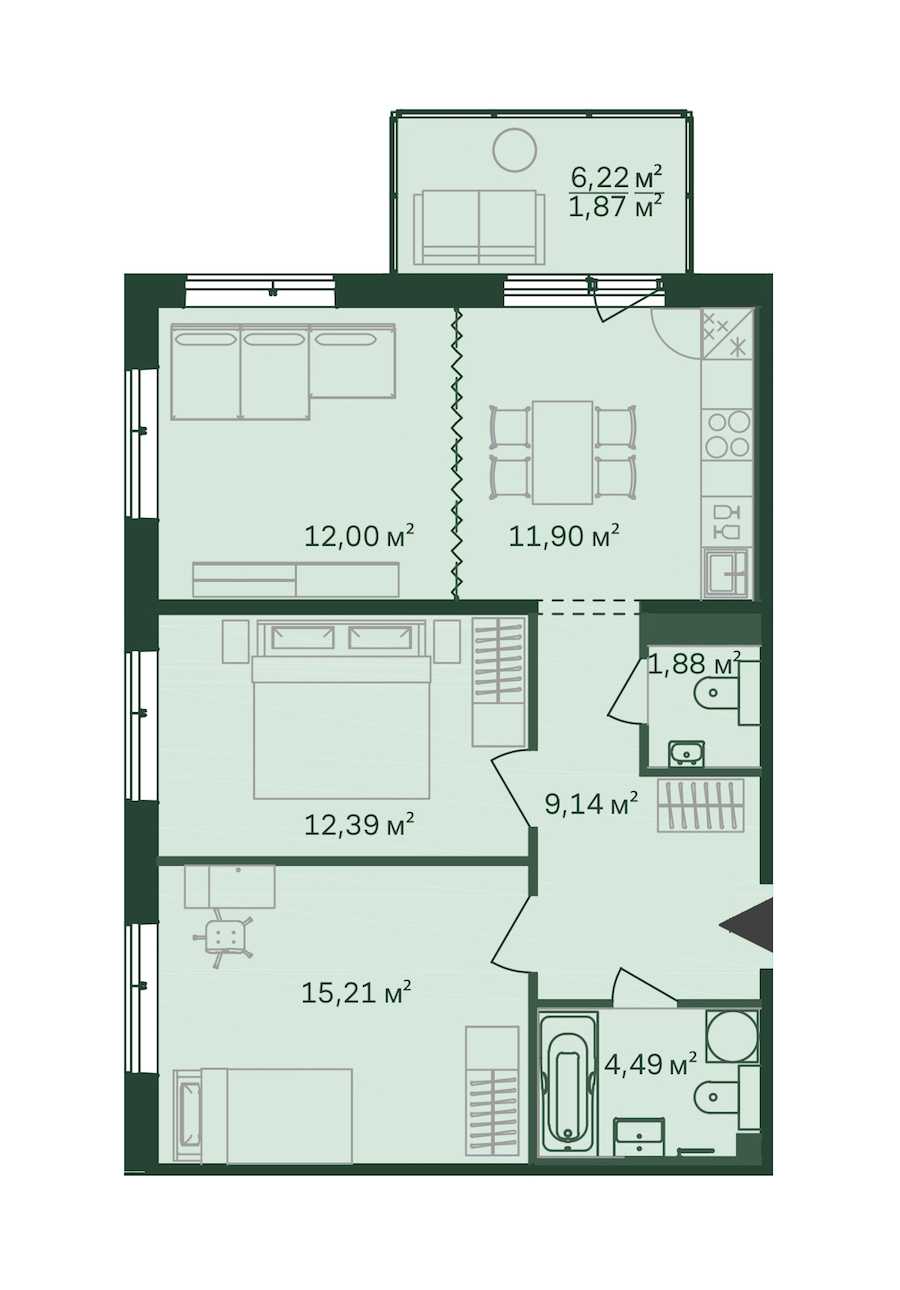 Трехкомнатная квартира в Bonava: площадь 68.88 м2 , этаж: 6 – купить в Санкт-Петербурге